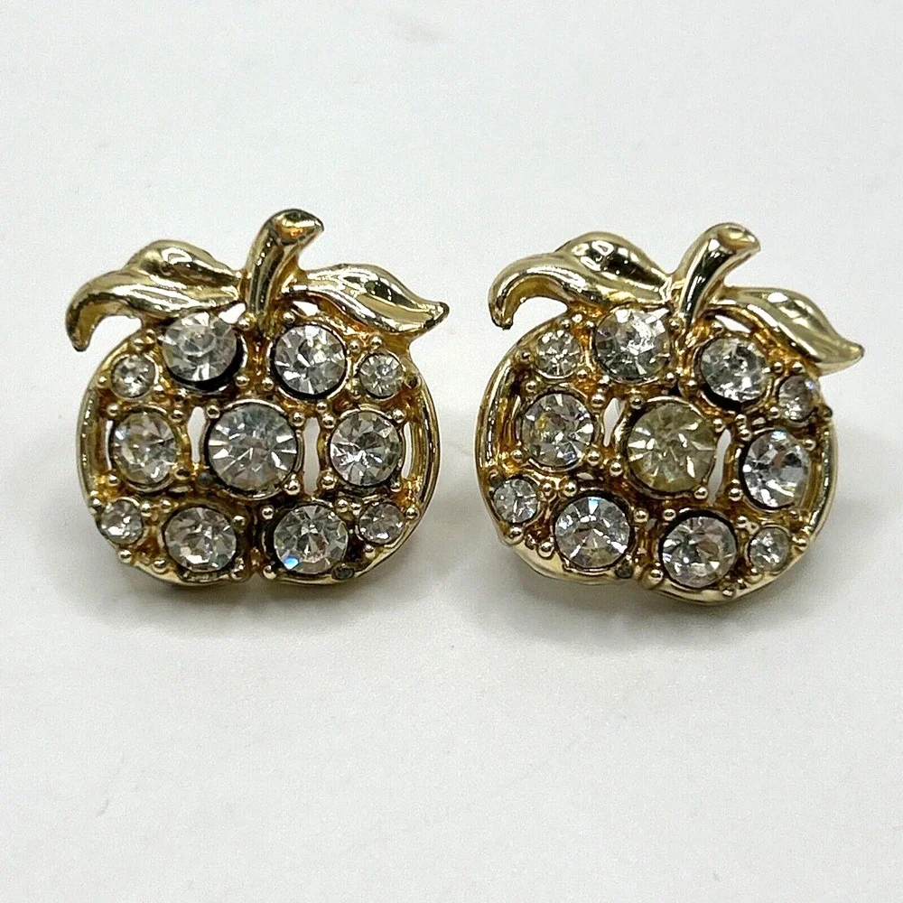 Vintage Costume Earrings Apple Design Rhinestone Gold tone Screw back
